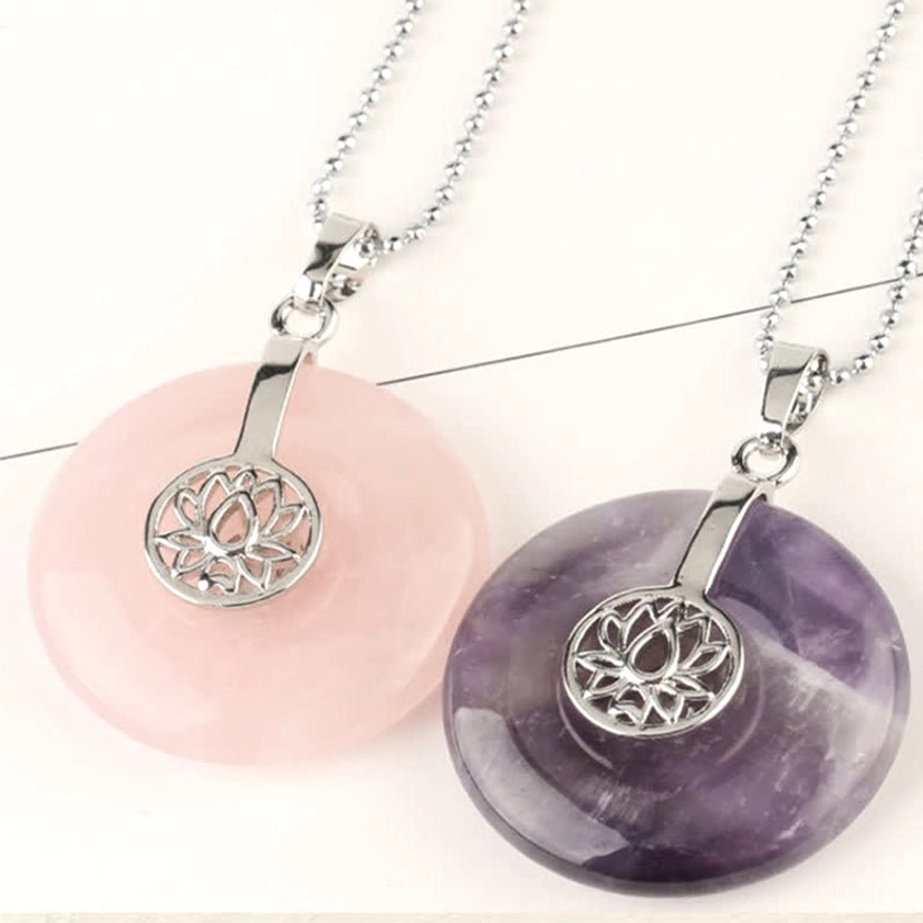 Handmade Buddhist lotus crystal healing pendant necklace - gemstone charm with silver hardware