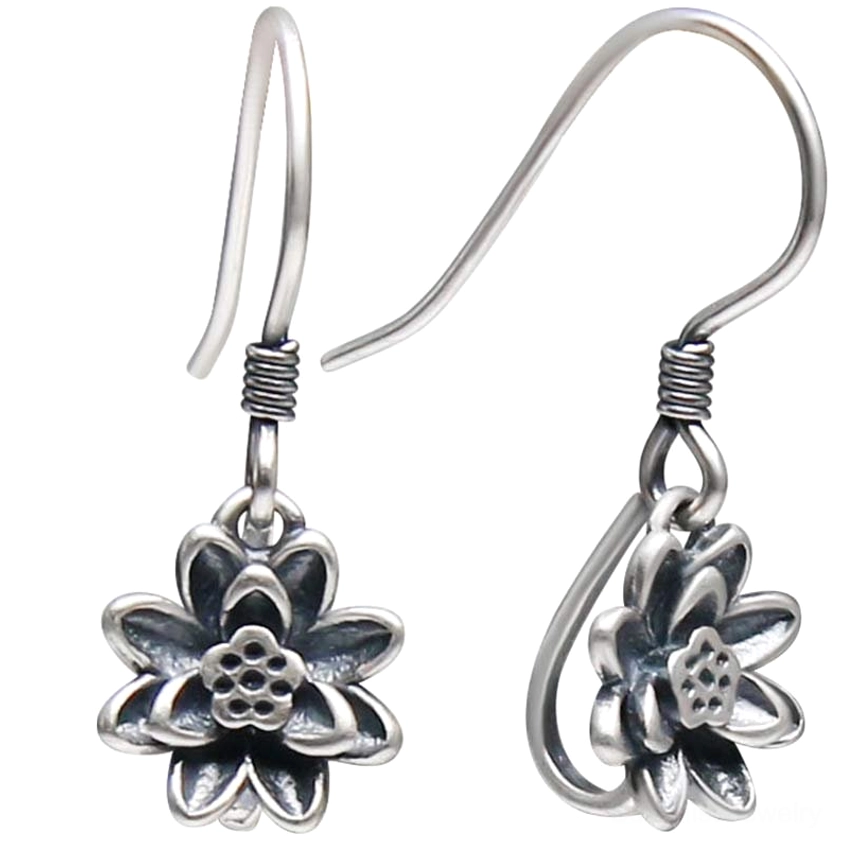 Close-up front view of handcrafted 925 sterling silver lotus earrings with detailed 3D carving and fishhook wires