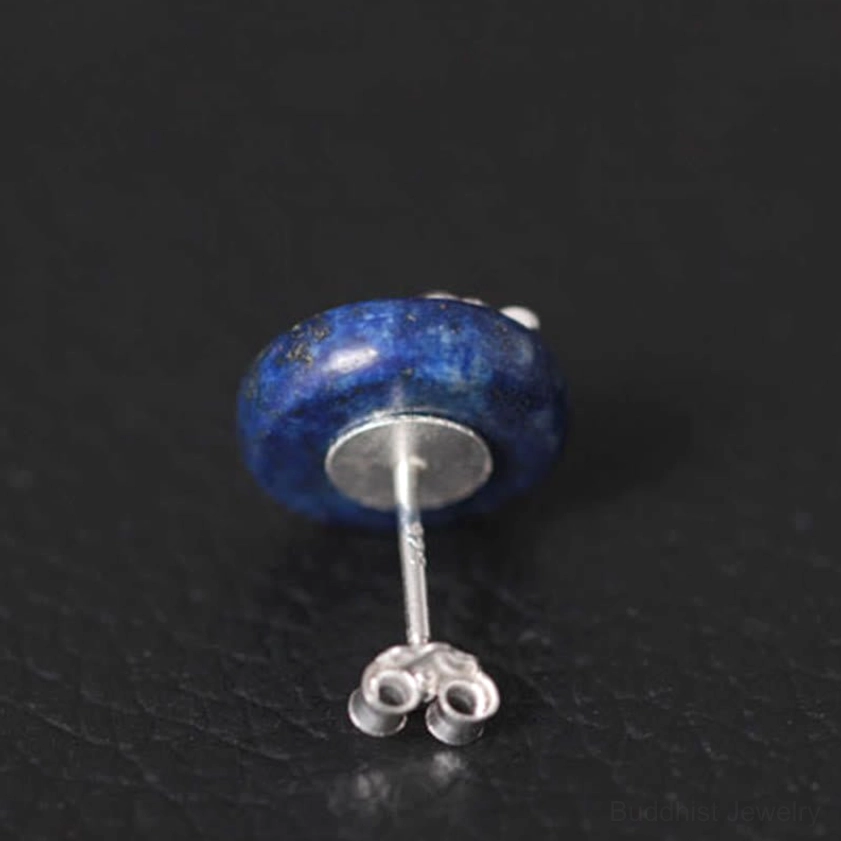 Buddhist lotus stud earrings natural lapis lazuli and sterling silver craftsmanship detail