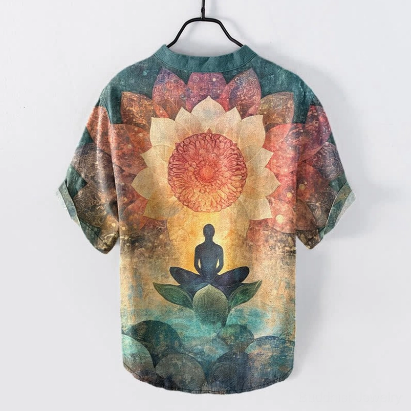 Buddhist meditation shirt back view displaying complete lotus flower and meditating figure print on premium eco-friendly cotton henley