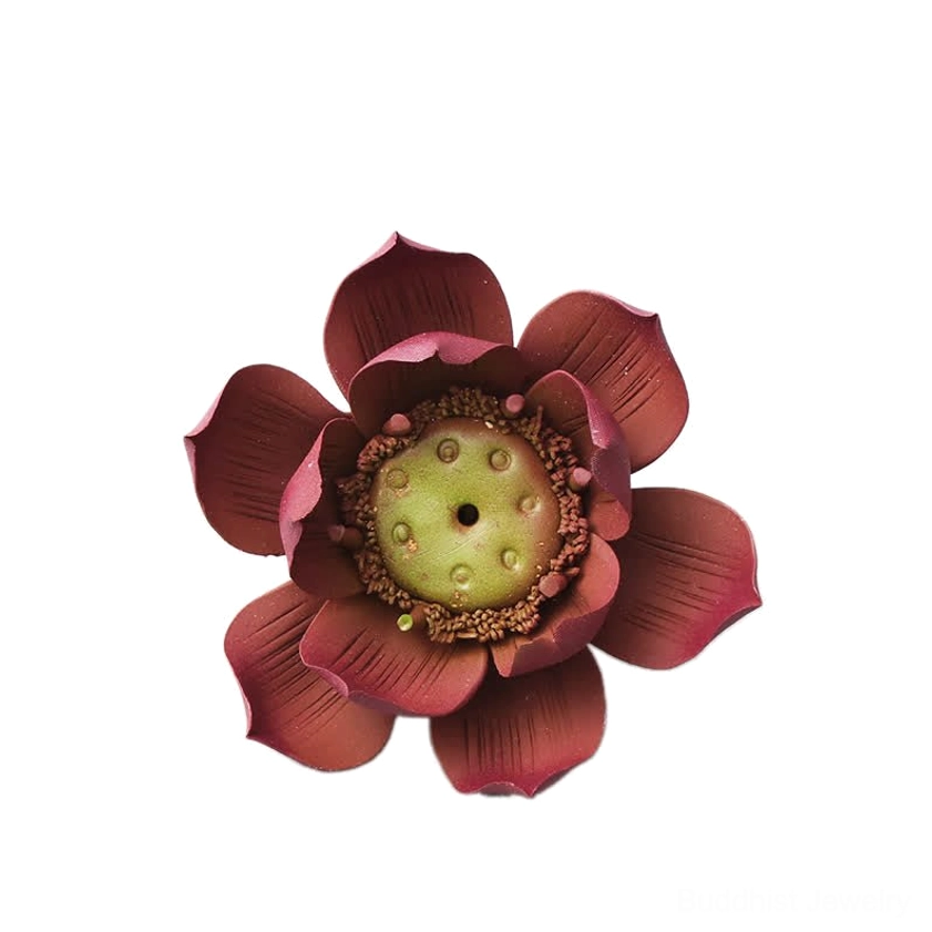 Buddhist lotus incense burner handcrafted from natural purple clay for home altar and meditation space
