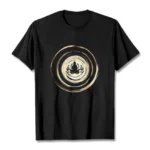 Meditating Buddha lotus print t-shirt flat lay front view - gold circular graphic on black cotton tee