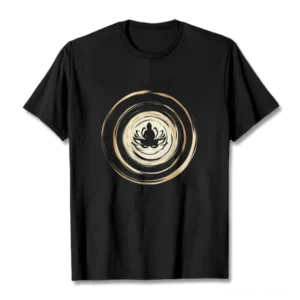 Meditating Buddha lotus print t-shirt flat lay front view - gold circular graphic on black cotton tee