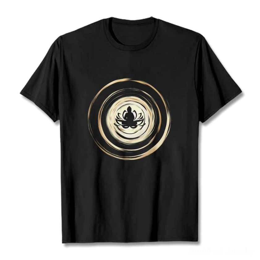 Meditating Buddha lotus print t-shirt flat lay front view - gold circular graphic on black cotton tee