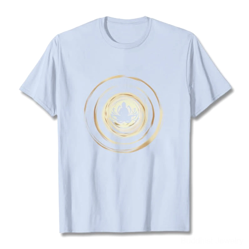 Light cyan Buddha lotus spiritual t-shirt with gold circular print design