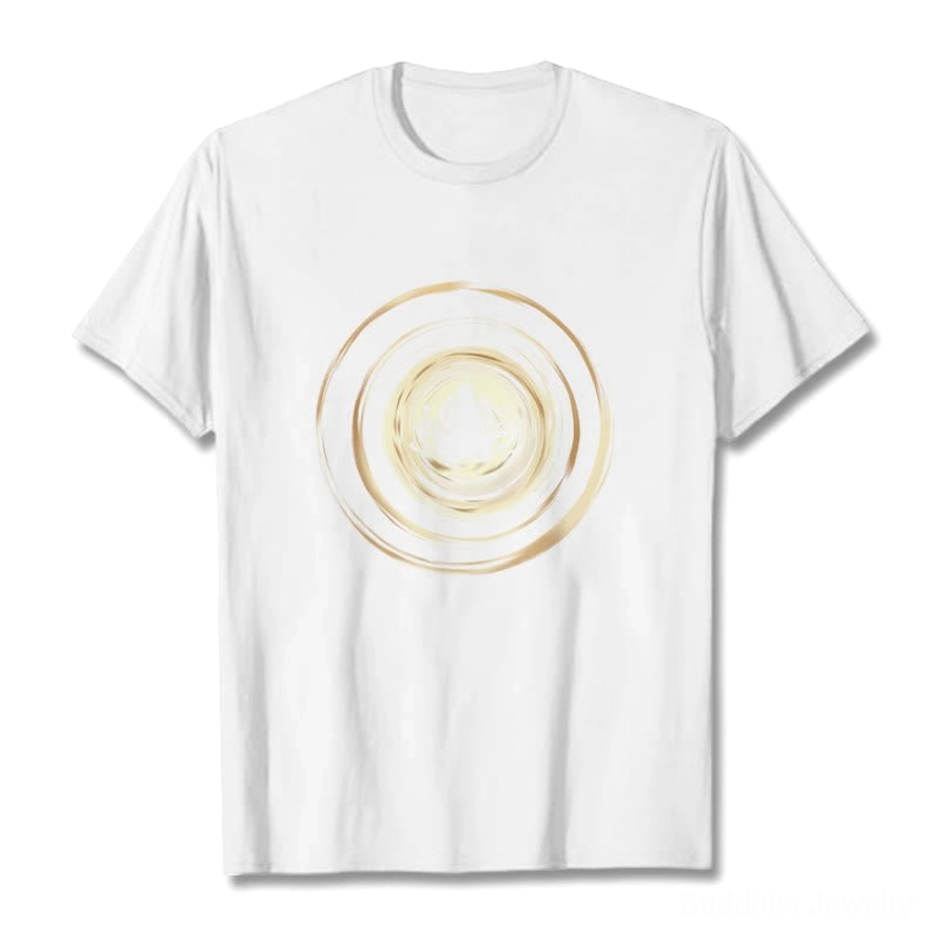 White Buddha lotus print cotton t-shirt flat lay - gold circular enlightenment graphic