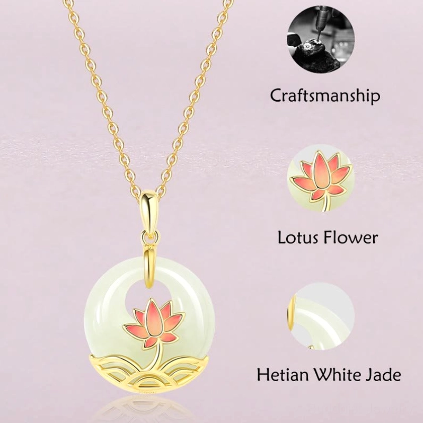Buddhist lotus necklace product introduction poster featuring craftsmanship labels and hetian jade symbolism on gray background