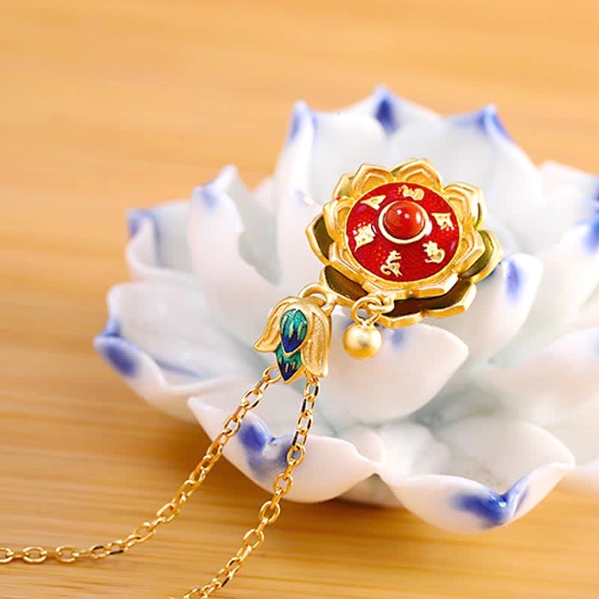 Handmade sterling silver lotus necklace pendant with cloisonne enamel petals, gold-plated bail, and delicate chain