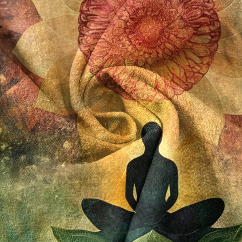 Close-up fabric texture showing meditation figure with lotus flower print on premium 100% cotton Buddhist henley shirt