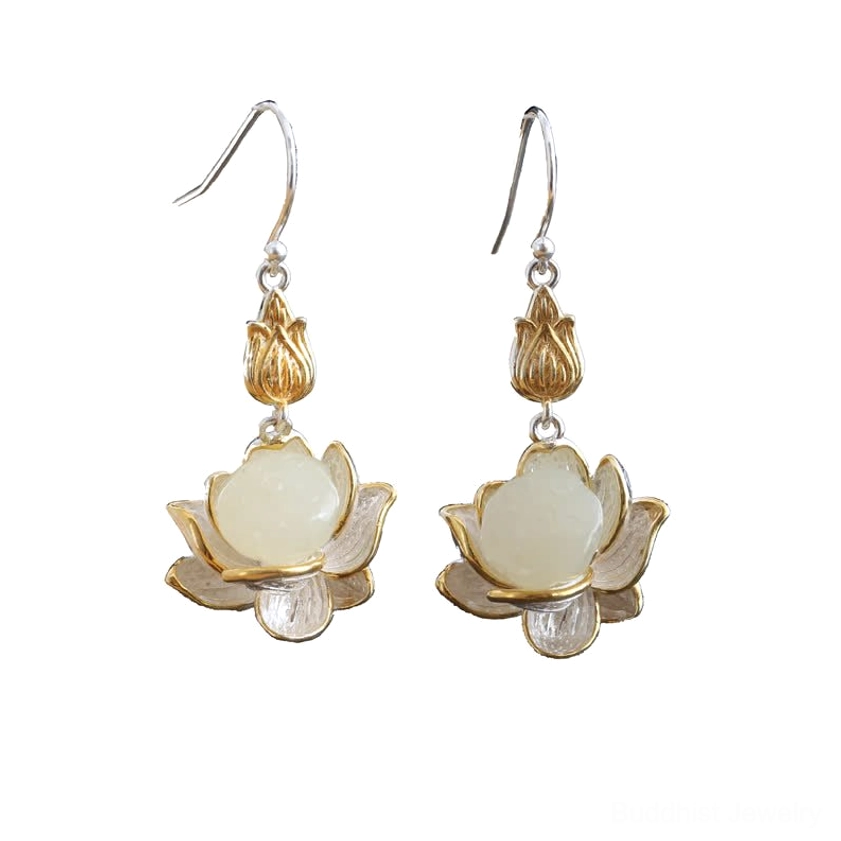 Buddhist symbol lotus drop earrings with white jade and protective spiritual significance product photography