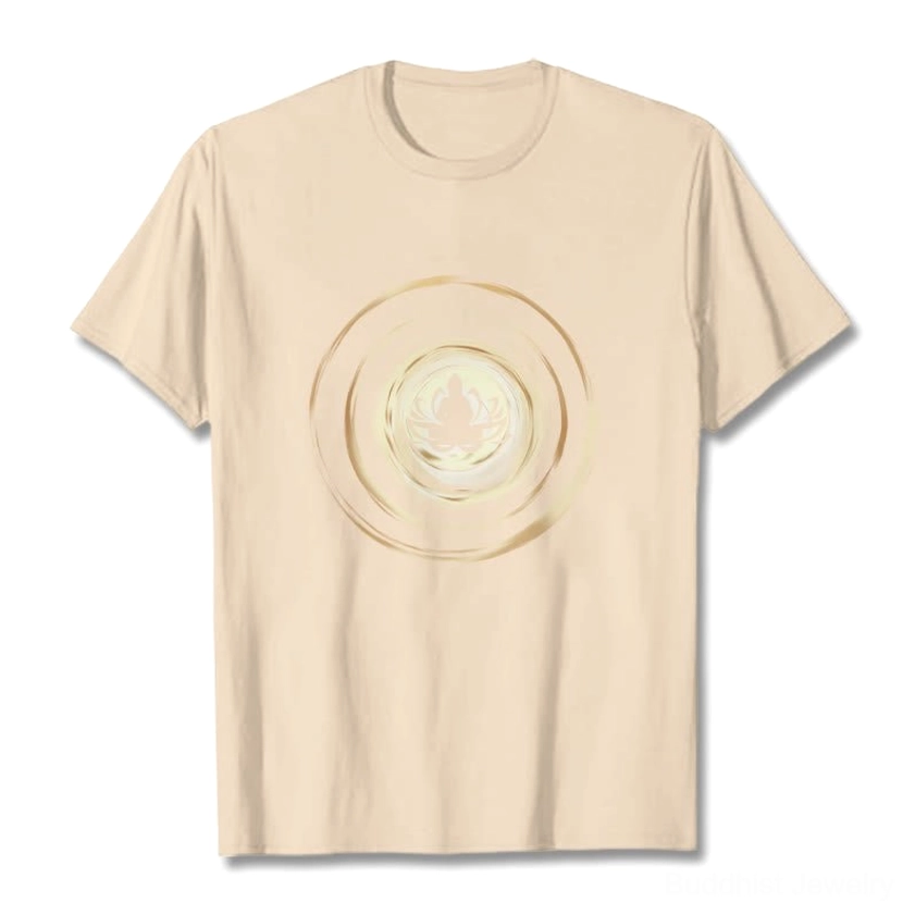 Beige tan Buddha lotus print t-shirt flat lay - gold graphic enlightenment design