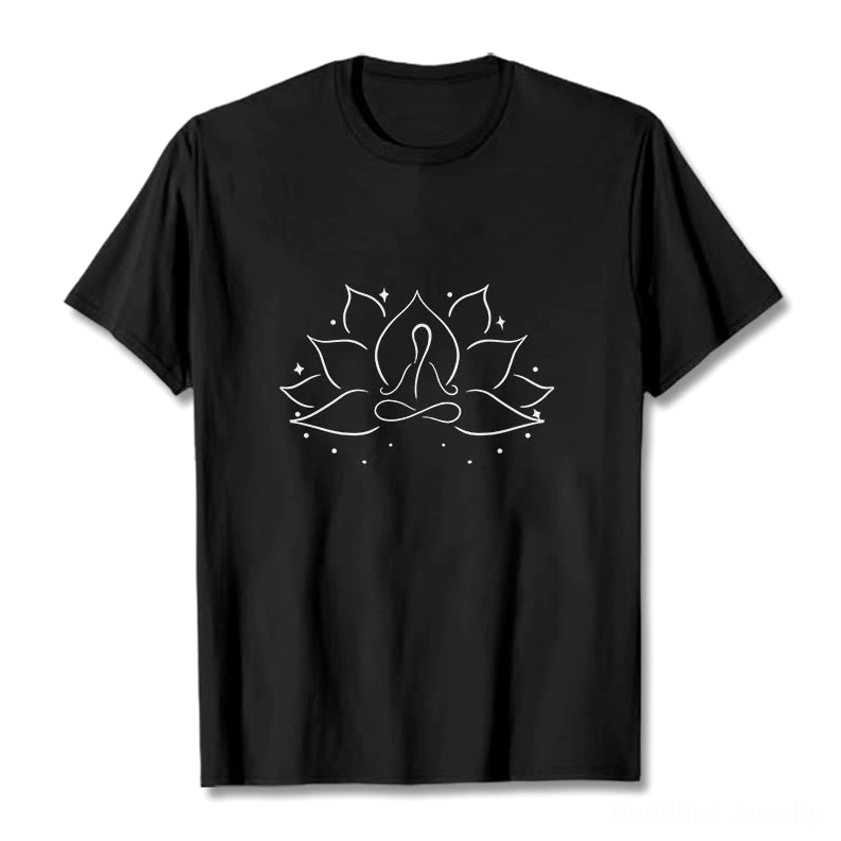 Buddhist lotus meditation graphic tee with white line art on black premium cotton, flat lay display