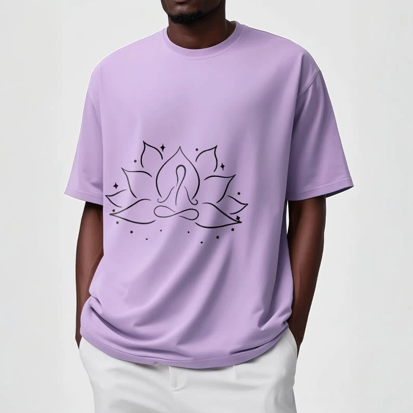 Light cyan Buddhist meditation yoga tee half-body worn view, mindfulness spiritual apparel