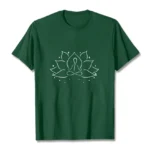 Buddhist lotus meditation t-shirt with white line art design on dark green cotton fabric, flat lay front view