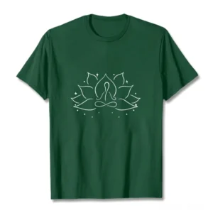 Buddhist lotus meditation t-shirt with white line art design on dark green cotton fabric, flat lay front view