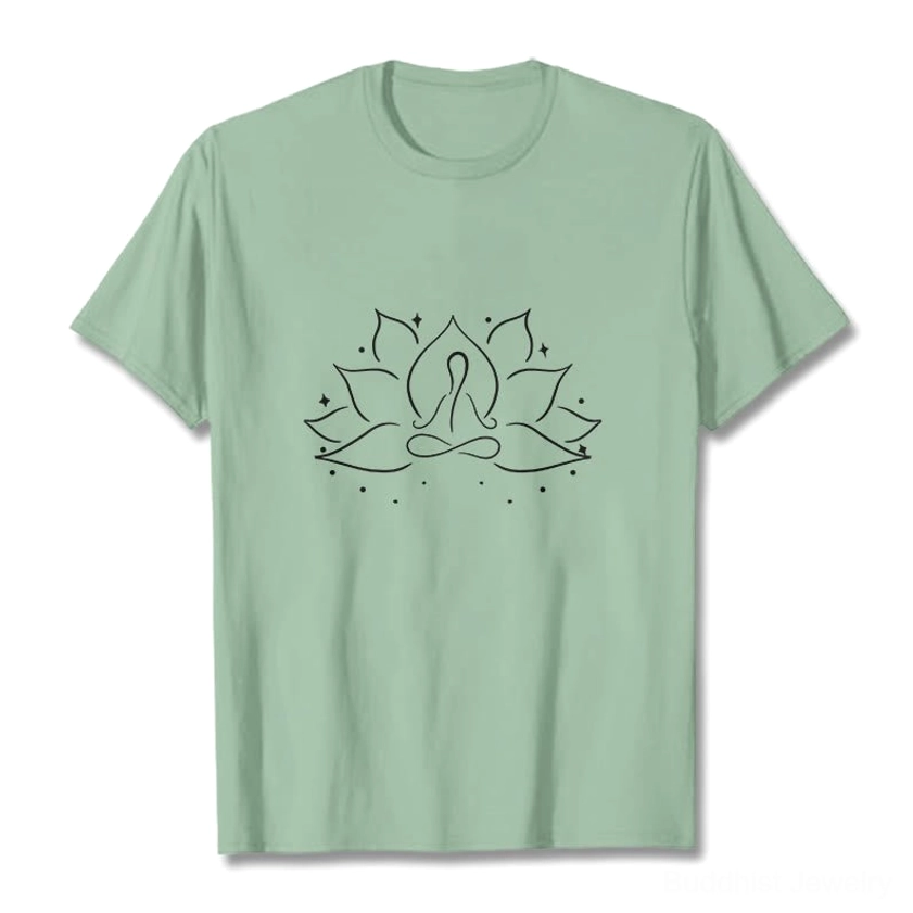 Buddhist meditation yoga tee in light grey with lotus flower design, back view unisex fit