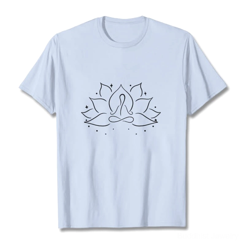 Light cyan Buddhist lotus meditation t-shirt flat lay front design, unisex spiritual wear