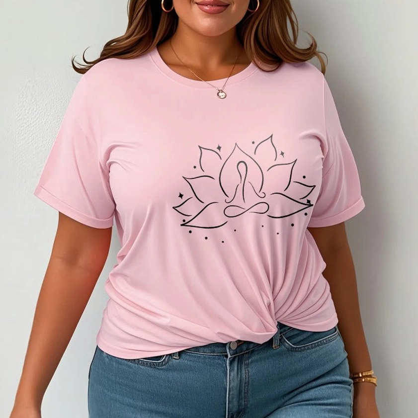Light cyan Buddhist lotus meditation t-shirt styled on model, spiritual apparel modern aesthetic