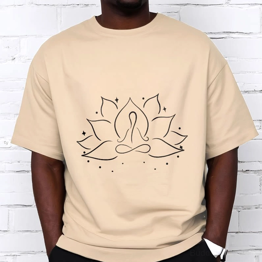 Light cyan Buddhist lotus meditation t-shirt on model, spiritual yoga wear contemporary design