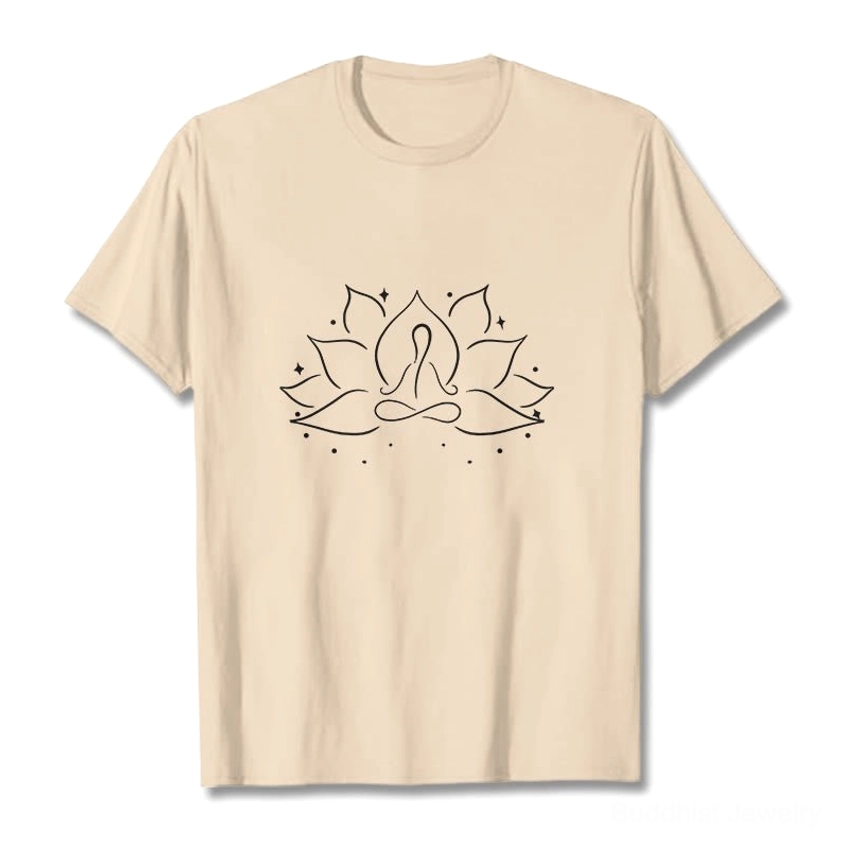 Buddhist meditation graphic tee with lotus flower and meditating figure, light grey cotton fabric