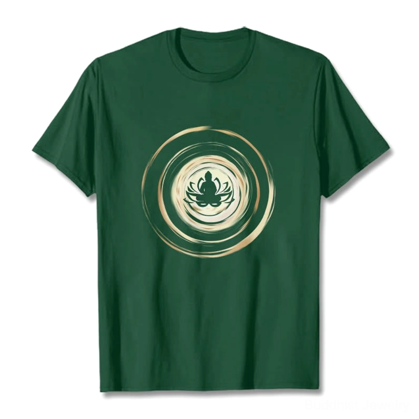 Light grey Buddha lotus meditation cotton t-shirt flat lay with gold print
