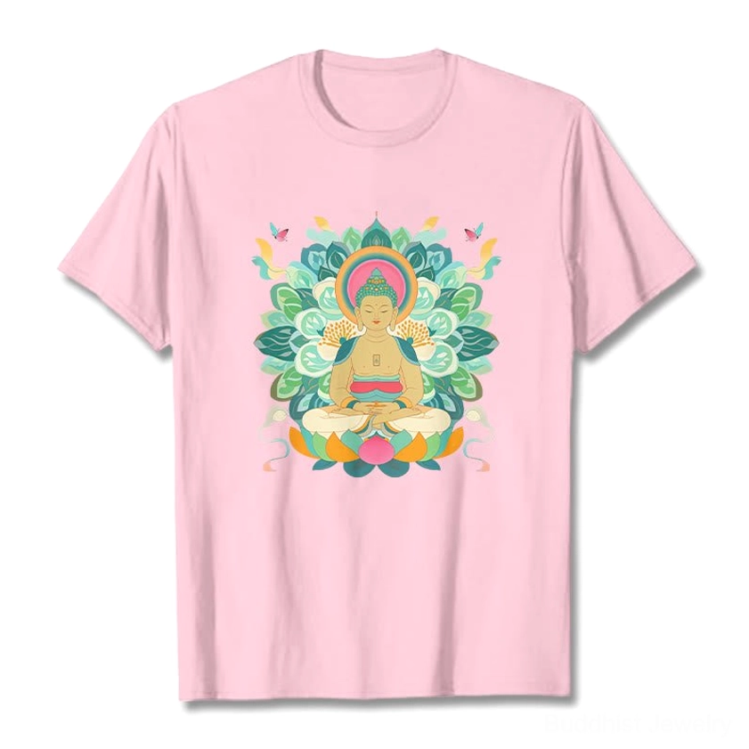 Casual Buddhist graphic t-shirt cotton print close-up spiritual meditation wear design element