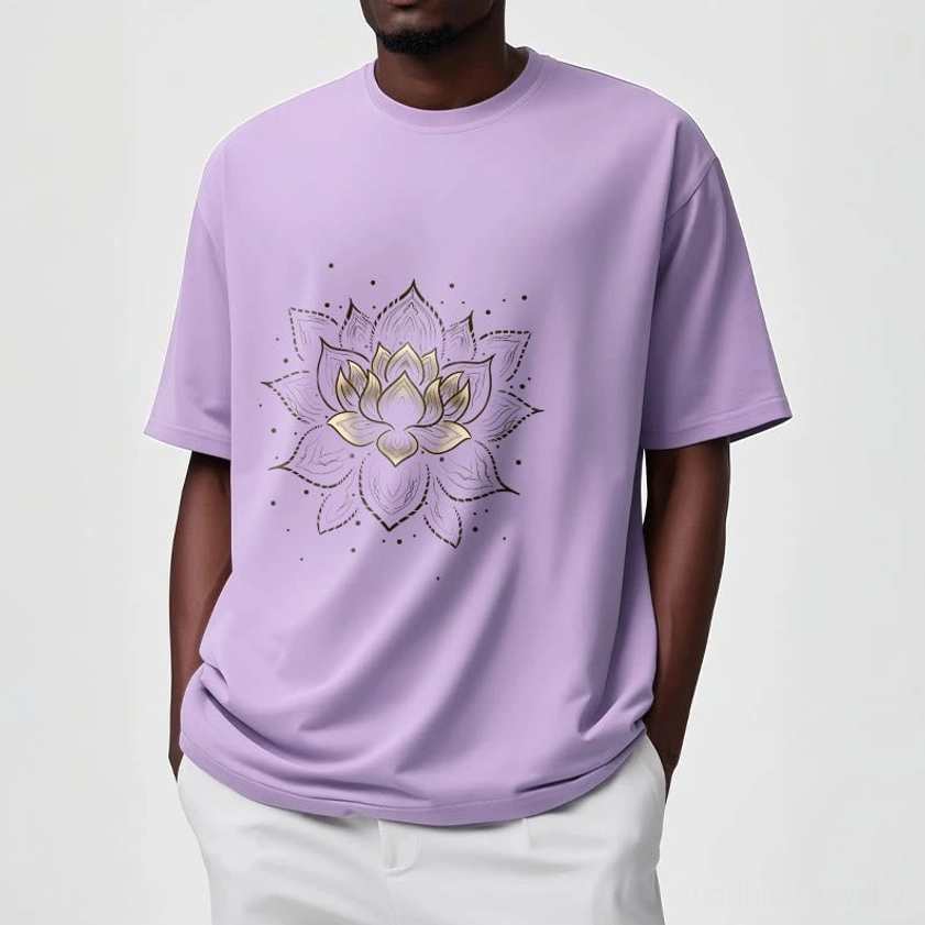 Buddhist lotus graphic t-shirt packaging, handcrafted spiritual apparel ready to ship