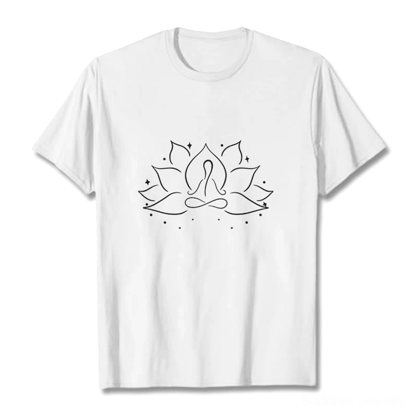 Buddhist lotus meditation t-shirt with black line art design on white organic cotton, flat lay view