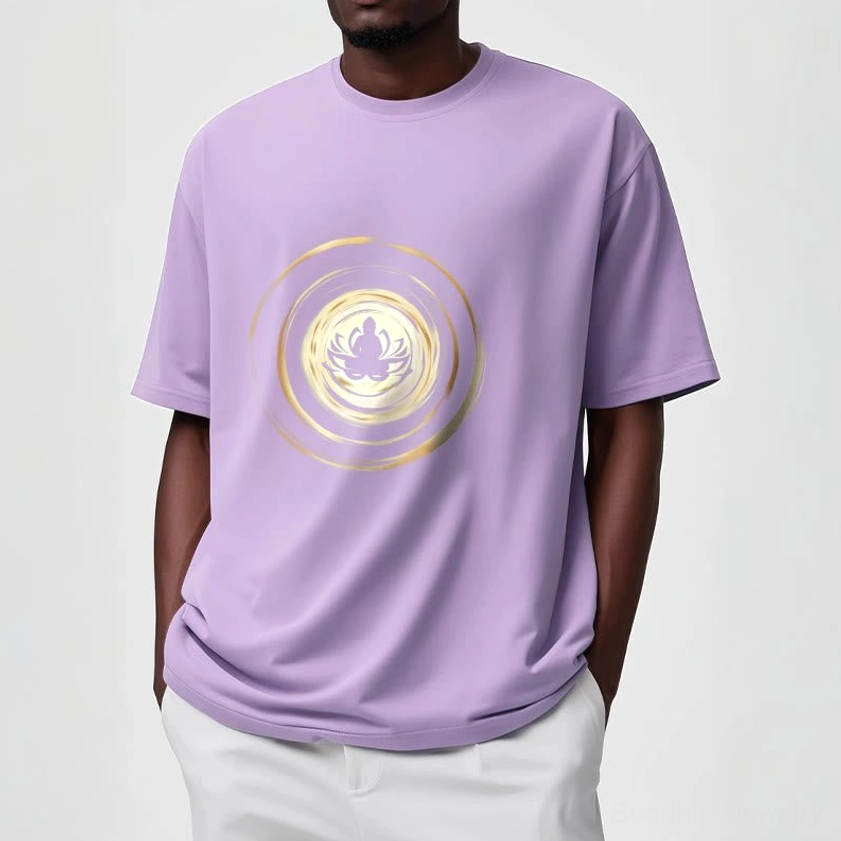 White ink print Buddha lotus graphic on cotton t-shirt durability showcase
