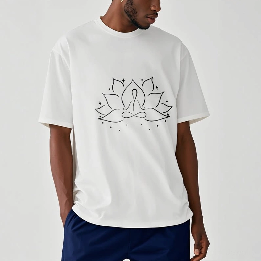 White Buddhist meditation yoga tee with lotus flower print on male model, minimalist indoor setting