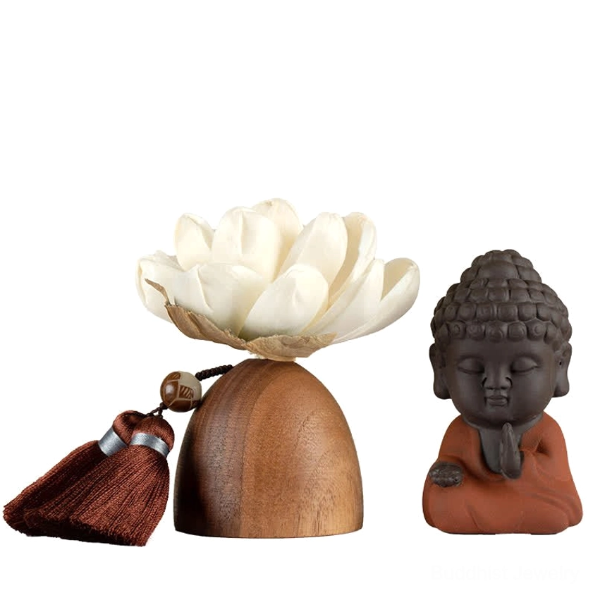 Wooden lotus stand with white dried lotus flower, natural wood base with dark red meditation tassels