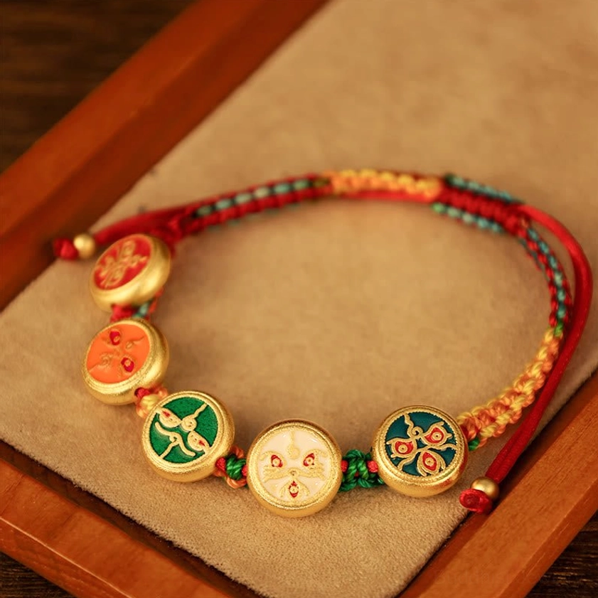 Dual-tone braided rope Buddhist luck bracelet with five distinct wealth deity enamel charms in traditional design