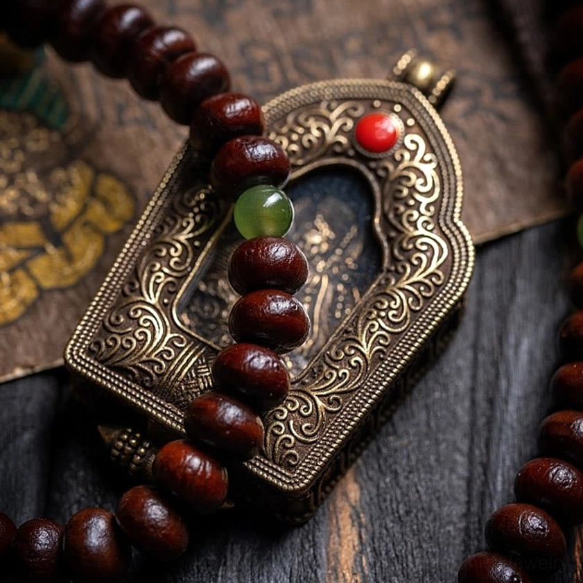 Buddhist mala beads displayed with vintage bronze amulet box and protective talisman