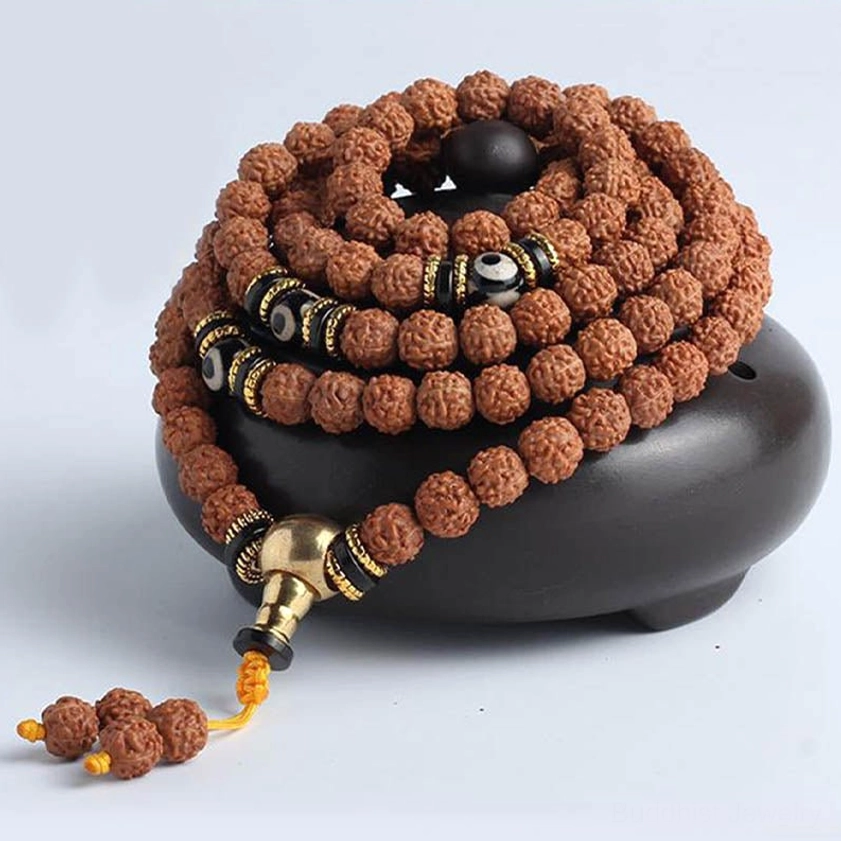 Buddhist Prayer Mala Arranged with Gold-Black Spacer Beads and Hand-Painted Dzi Accents