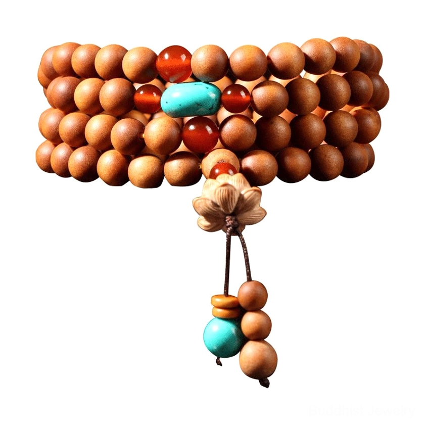 Front flat lay of complete Buddhist mala bracelet with double lotus pendant and gourd-shaped tassel with turquoise bead accent on black background