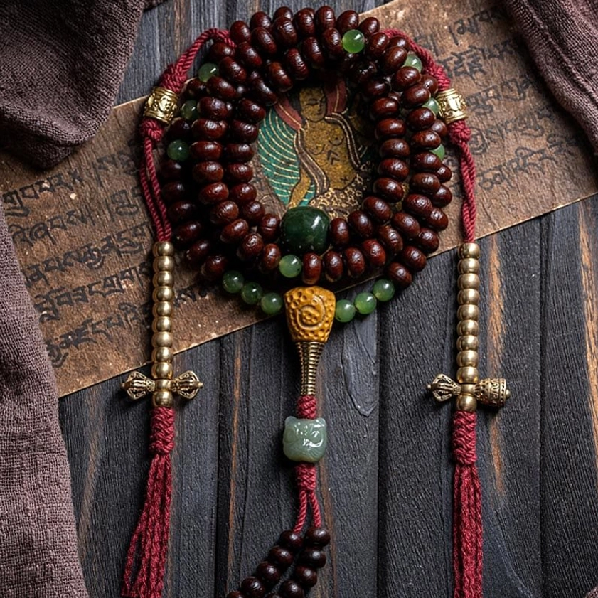 Buddhist prayer mala bracelet styled on wrist showing daily wear and meditation use