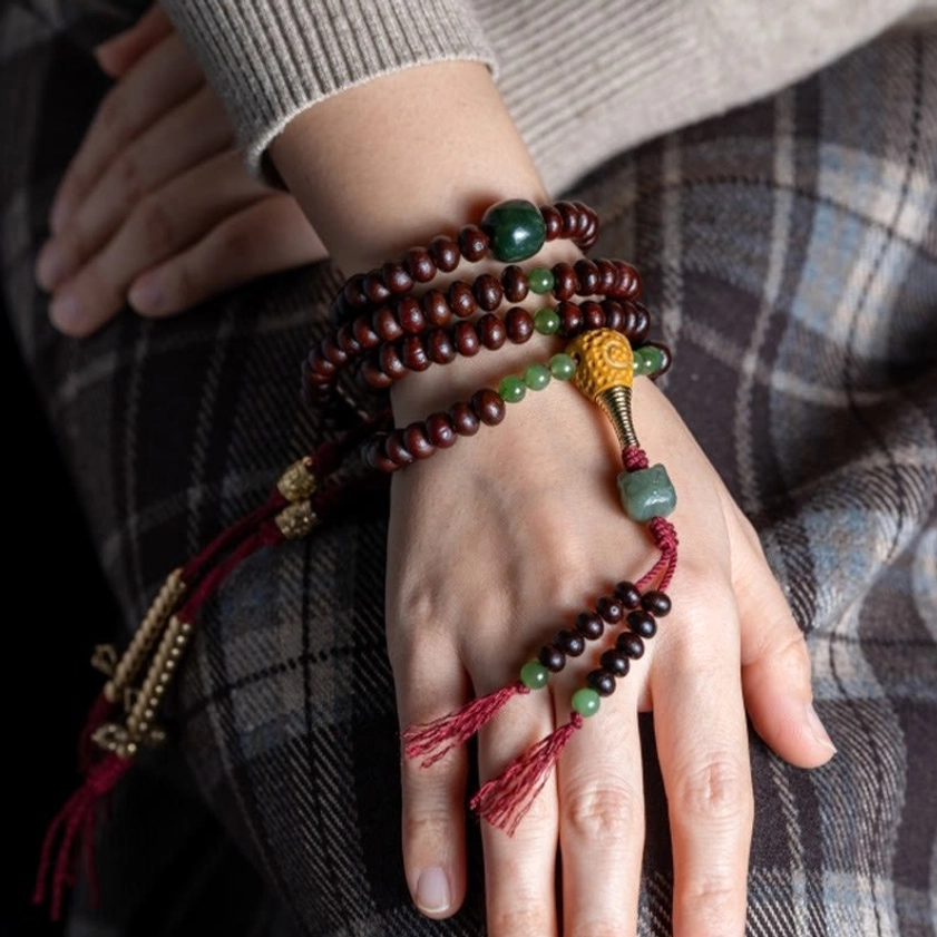 Buddhist prayer mala with non-elastic cotton rope traditional stringing method