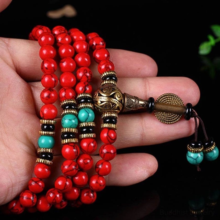 Red turquoise Buddhist mala meditation tool, complete 108-bead strand with turquoise accents