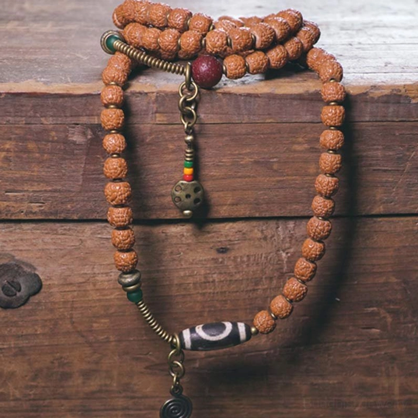 Authentic Buddhist Prayer Mala Necklace with Protective Dzi Pendant and Tassel - Traditional Spiritual Jewelry
