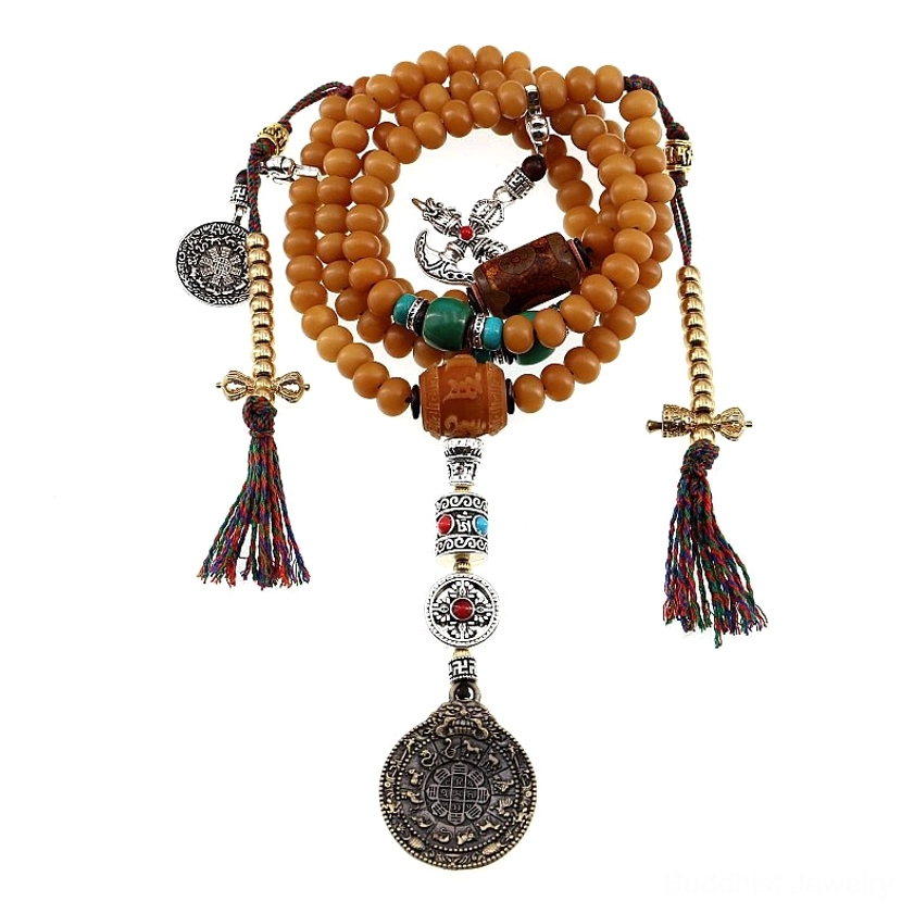Buddhist Prayer Mala Set with Brown Bodhi Seeds, Vintage Silver Ornaments and Tassel on White Background