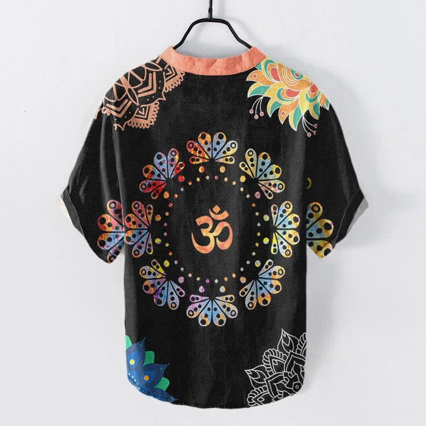 Men's Buddhist Henley Shirt Back View Orange Stand Collar Mandala Peacock Print - Cotton Spiritual Wear