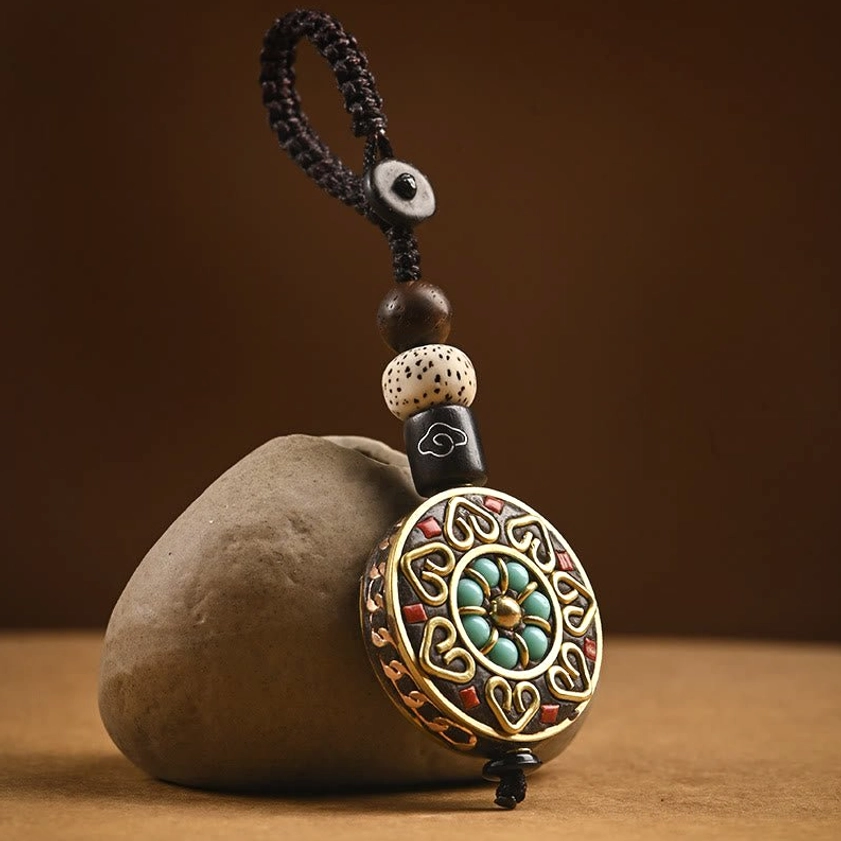 Buddhist Auspicious Mandala keychain charm with enamel decorated brass pendant and braided cord