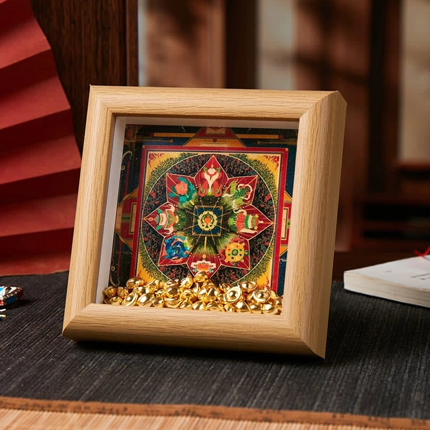 Buddhist mandala thangka frame symmetrical polygonal design natural light wood finish gold ingots