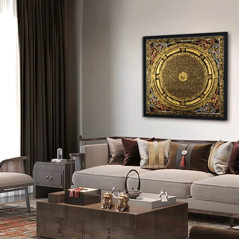 Buddhist mandala thangka wall decor displayed in modern living room interior - spiritual home decoration