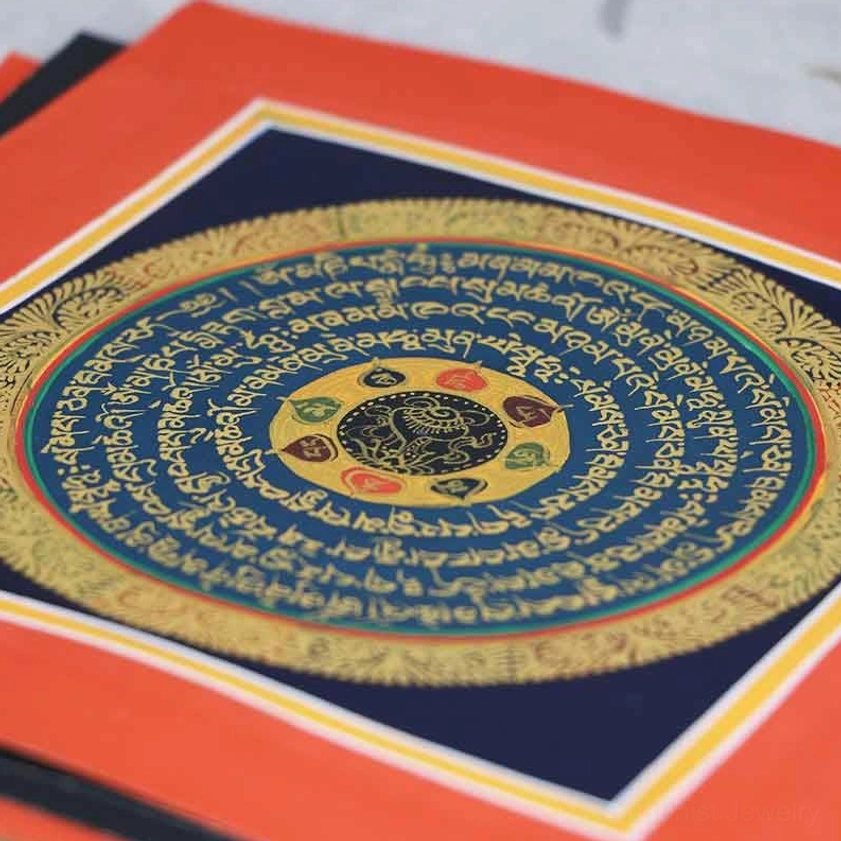 Hand-painted Buddhist mandala thangka scroll with gold Sanskrit text, red border, and dark blue base – sacred spiritual art for meditation and home altar décor
