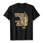 Black Buddhist manifestation t-shirt flat lay with gold Buddha head and lotus print on white background
