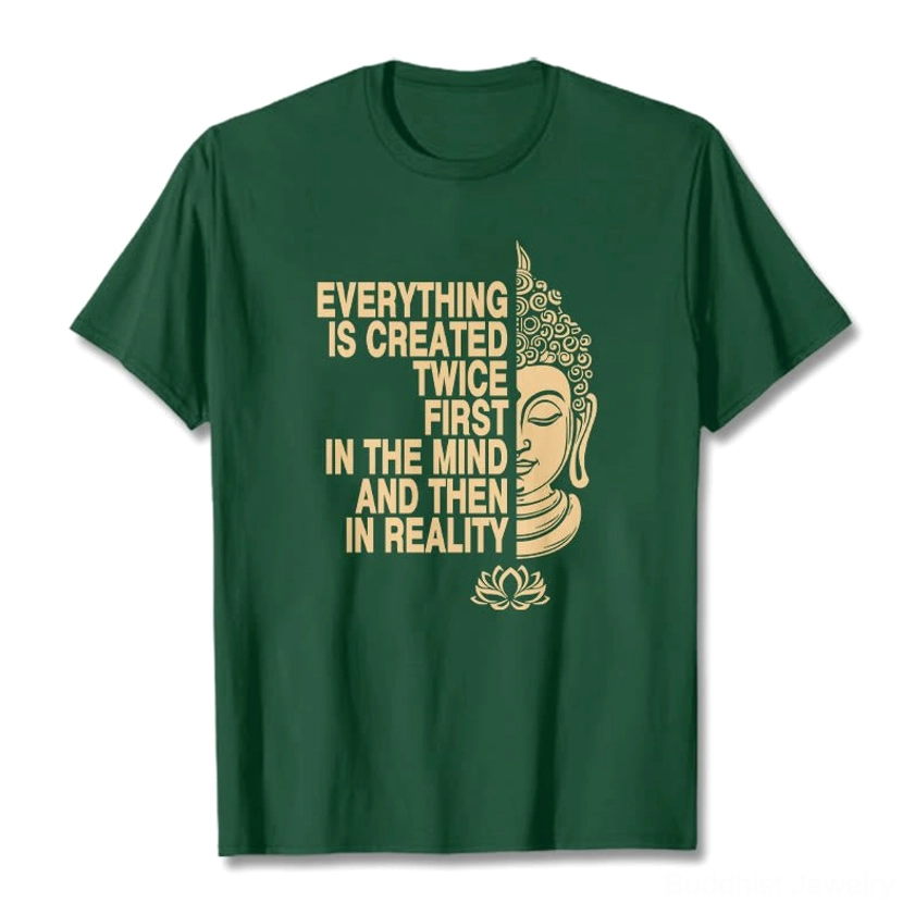 Light cyan Buddhist manifestation t-shirt flat lay showing gold printed Buddha design and inspirational quote