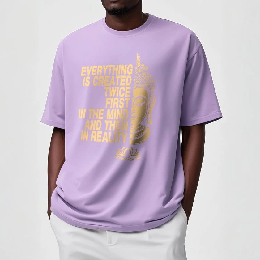 Detail view of Buddhist manifestation t-shirt fabric texture and premium cotton quality
