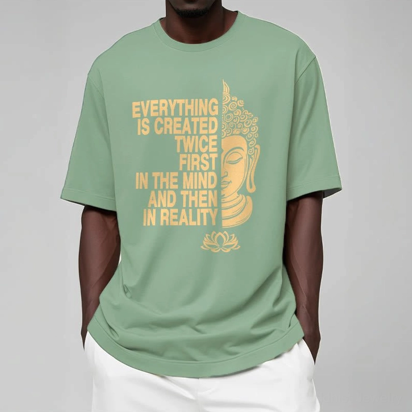 Unisex Buddhist graphic t-shirt styled with casual denim showcasing versatile wear options