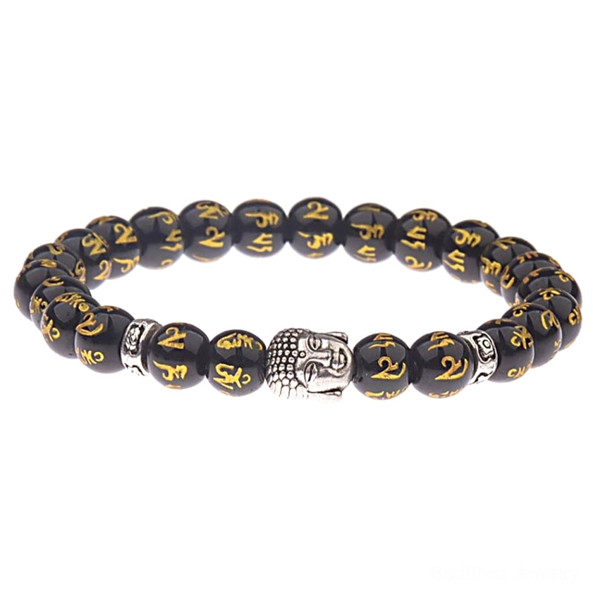 Black agate mantra bracelet featuring gold-engraved Six True Words and silver Buddha head accent bead, overhead product photography
